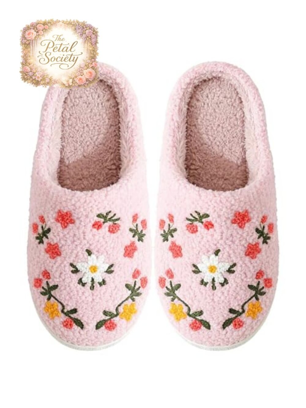 Embroidered Fuzzy Floral Slippers Pull-On Non-Slip Unisex House Shoes